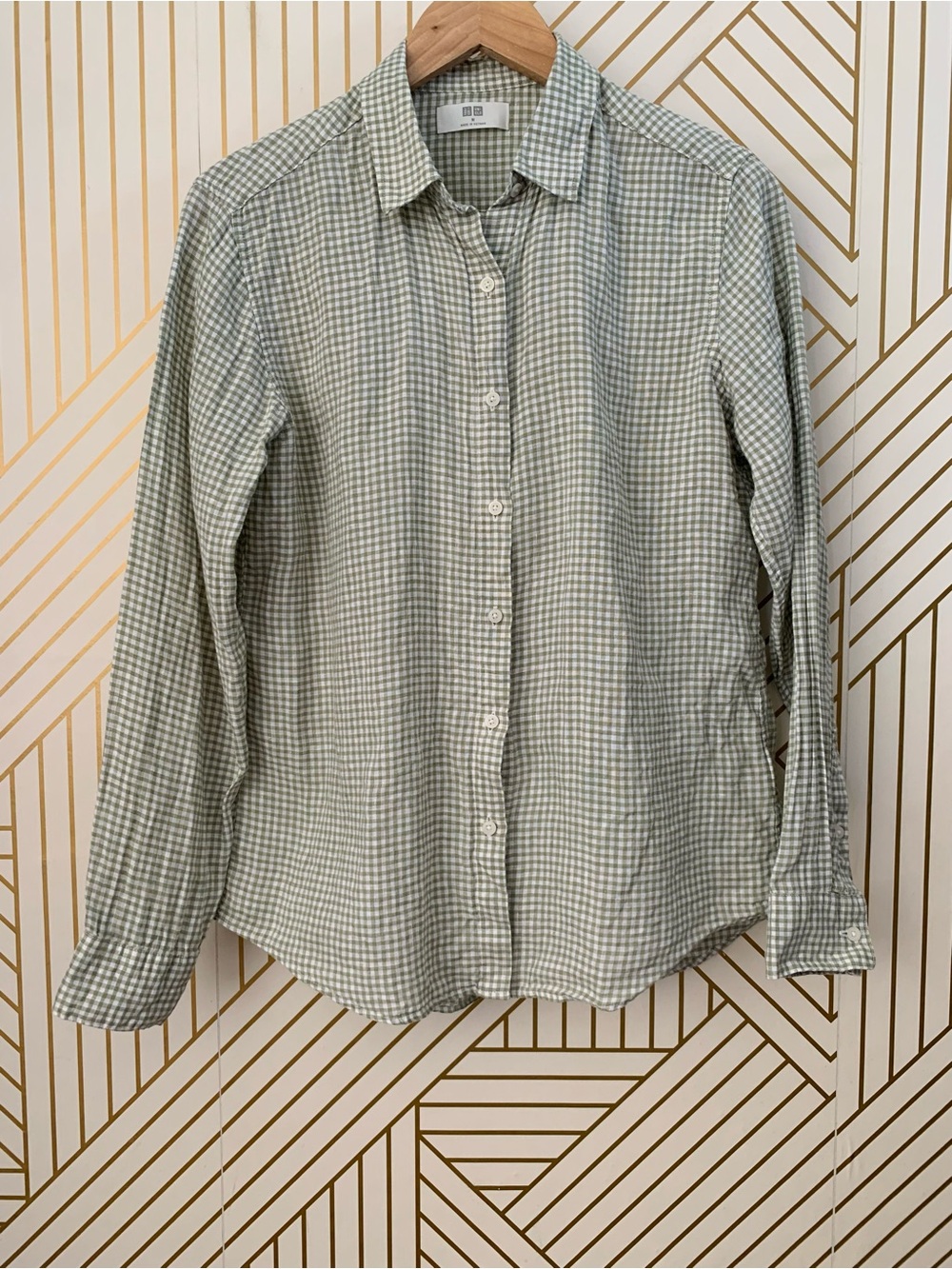 Uniqlo 100% Linen Gingham checkered Button Down Shirt Medium Sage Green plaid M